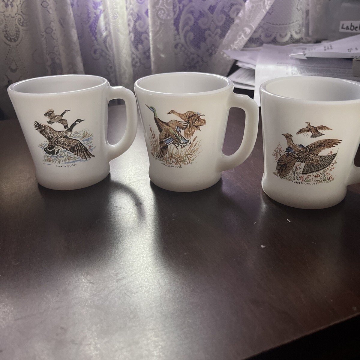 Fire King Glass Mug Game Birds Oven Ware Set (3) 3 3/8