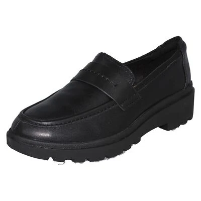 Clarks Calla Ease Damen Schwarzer Leder Leichtgewicht Chunky Loafer – D Weite - Bild 1 von 4