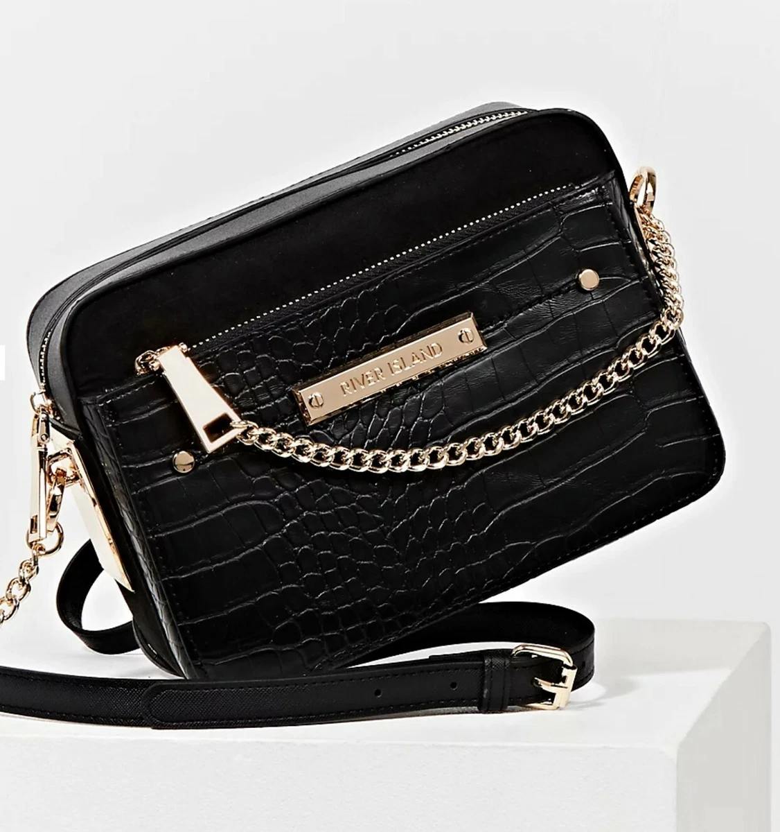 River Island Black Croc Embossed Cross Body Bag eBay