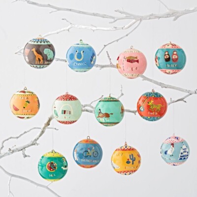New NIP Land of Nod AROUND THE WORLD 3'' Ornament Set 12 Christmas Hand Painted