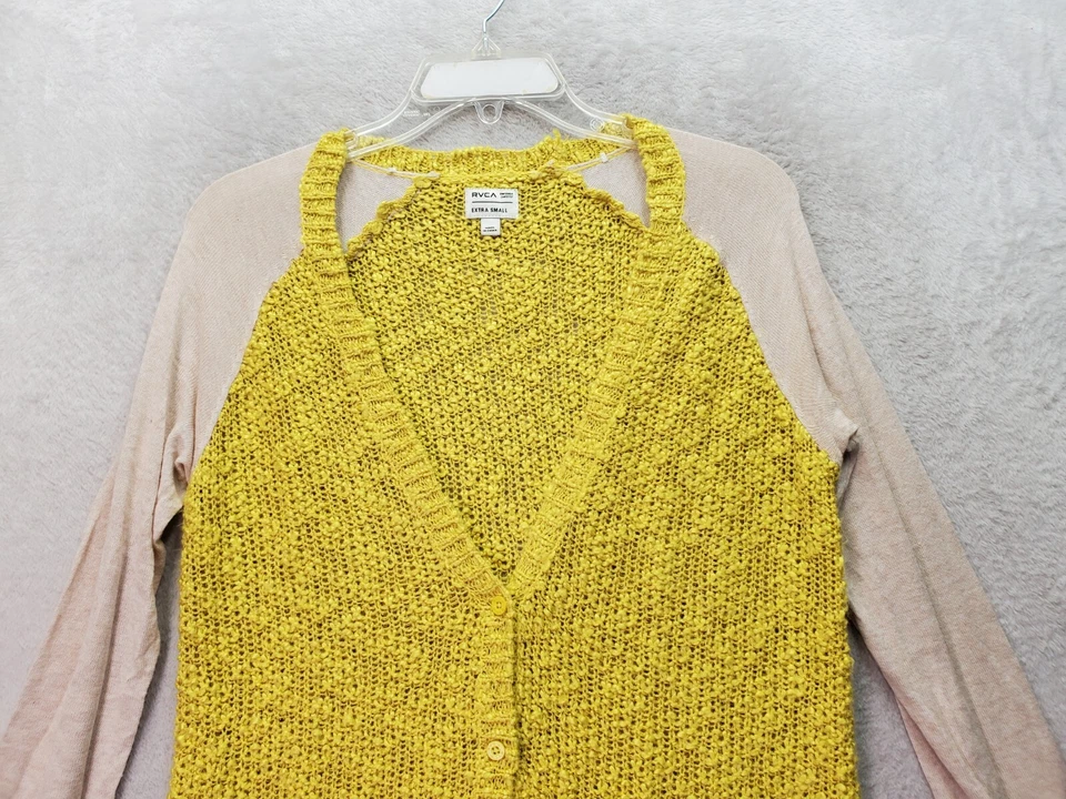 RVCA Cárdigan Suéter Mujer XS Amarillo Tejido Acrílico Manga Larga Malla Botón Delantero Foto 4 de 4