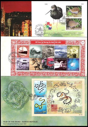 NEW ZEALAND 2001 HONG KONG/MOVING THE MAIL/MARINE REPTILES FDC TRIO (VF)