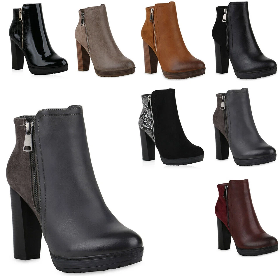 MARKENLOS 895926 Damen Stiefeletten Worker Boots Holzoptikabsatz Mode