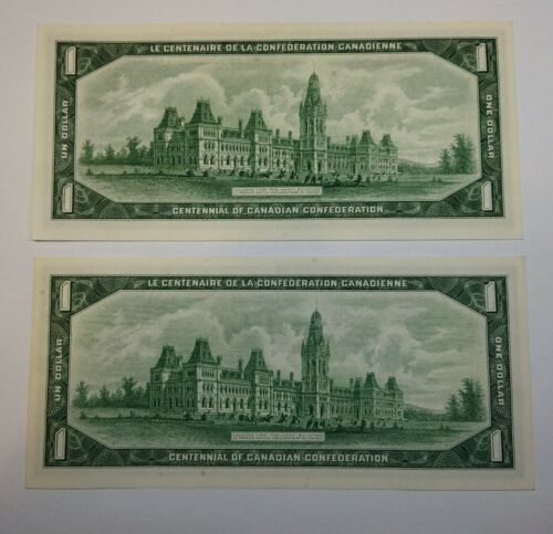Lot 2 pieces Canada $1 Note 1967 Centennial Commemorative One Dollar - Picture 2 of 3