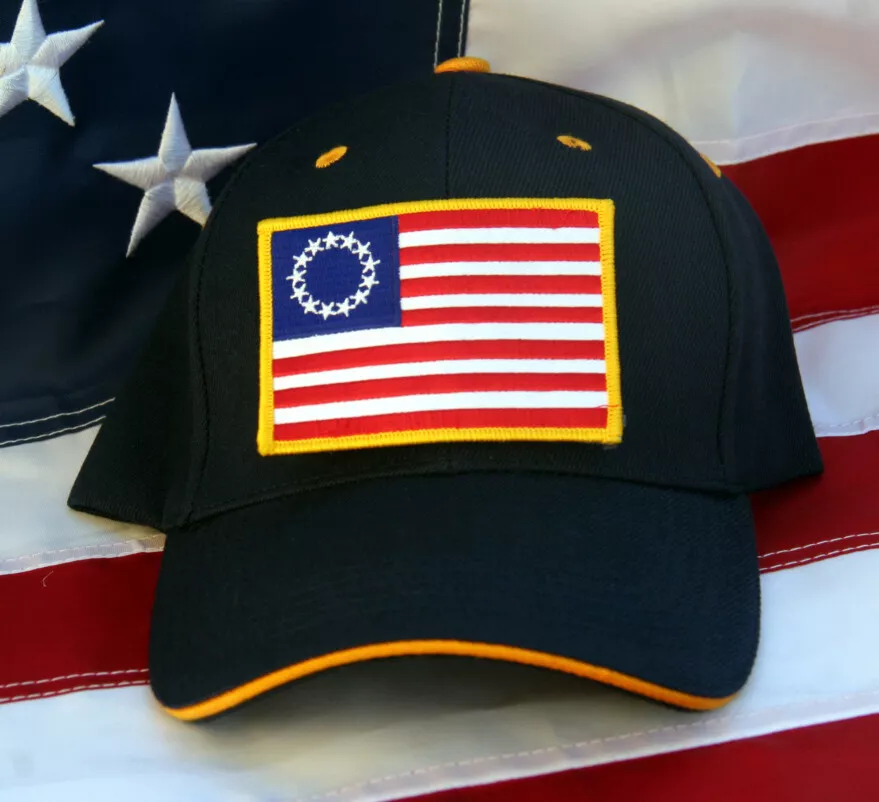 BETSY ROSS BLACK HAT US FLAG PATCH 13 STARS PIN UP TEA PARTY USA