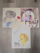 Vintage Japanese Children Art Prints Lot of 3 Watercolor Illustrations
