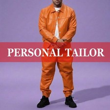 Men's 100 Genuine Soft Real Lambskin Leather TrackSuit Sweatsuit Orange 