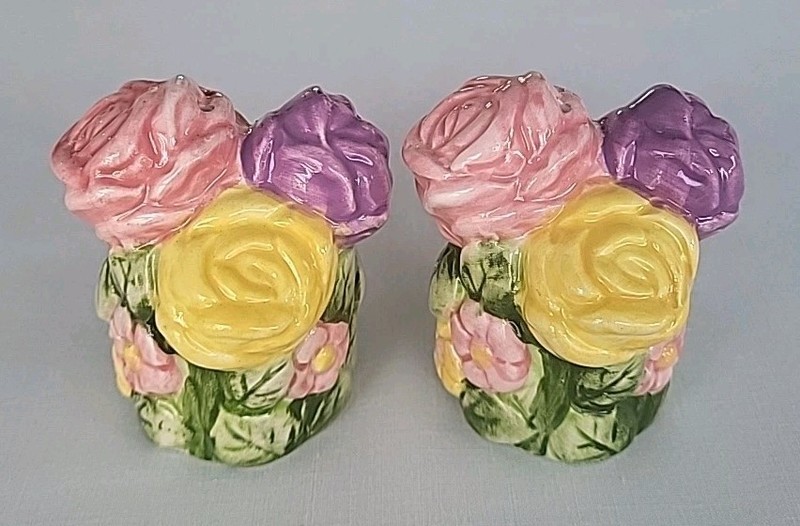 Set of Ceramic, Flower Basket, Bouquet, Salt and Pepper Shakers.