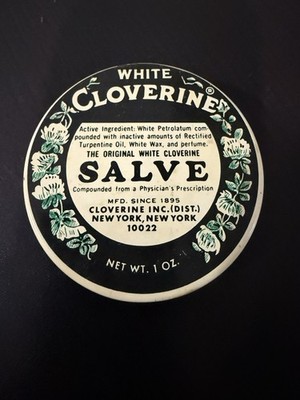 Vintage White Cloverine Salve Tin With Contents 1 Oz.