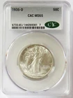 1935 D USA WALKING LIBERTY HALF DOLLAR CAC MS 65