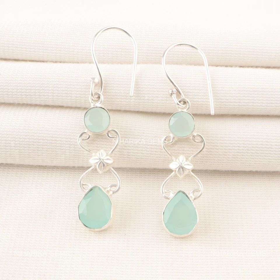 Acqua Calcedonio Pietra Goccia Chakra Della Gola Orecchini Gioielli 925 Argento - Immagine 4 di 4