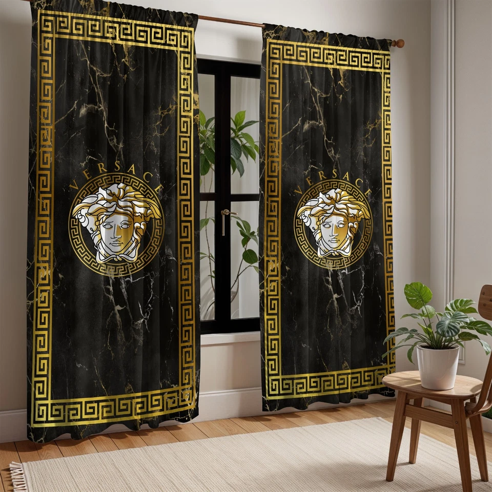 Cortina Versace de lujo negra dorada estilo Medusa ventana barroca decoración del hogar Foto 2 de 4