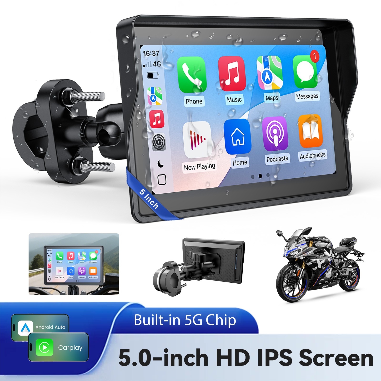 5"" Motorcycle Navigator Touchscreen Wireless CarPlay Android Auto GPS Waterproof