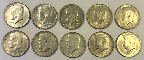 (10) 1967 Kennedy Silver Half Dollars, 40% Silver, Uncirculated, Free Shipping!