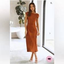 Hello Molly GET IN FORMATION SATIN MIDI DRESS BROWN