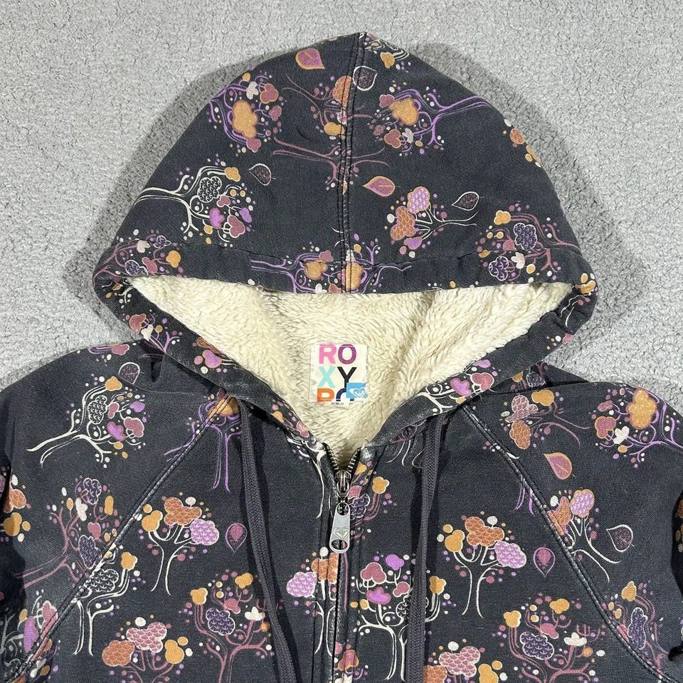 Y2k Roxy花卉拉链连帽衫,带人造毛皮衬里,尺寸 M,女式 0454 — 第 3/4 张图片