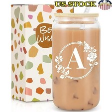 Monogrammed Glass Cups W/ Lids & Straws Personalized Gifts Women Tumbler New