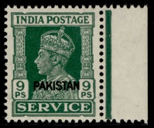 PAKISTAN GVI SG O3, 9p green, NH MINT.
