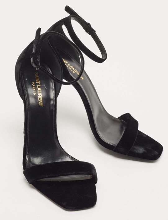 saint laurent ysl Black velvet Amber Ankle-Wrap Sandals, Size 10