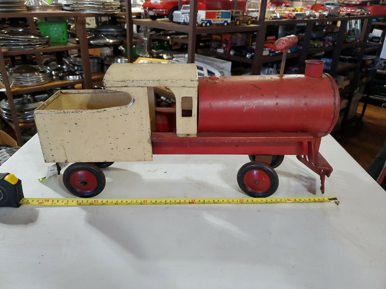 Vintage Sit On Tin Toy Train Locomotive Steelcraft? Keystone? Original paint