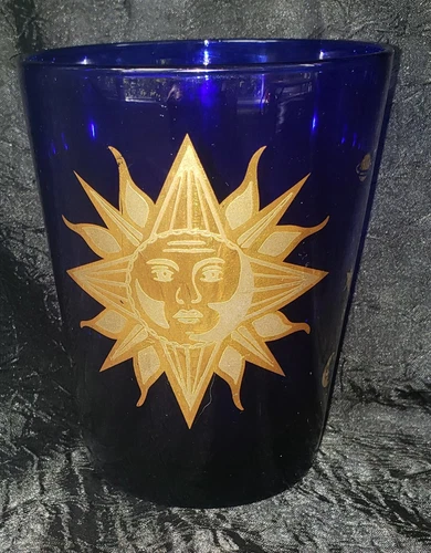 CELESTIAL Cobalt Blue Moon Sun Stars Rocks 14k Gold Glass Vintage Libbey Friends