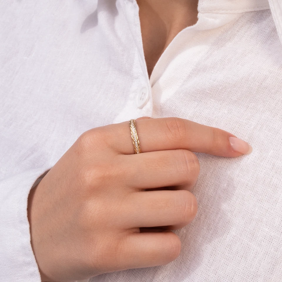 14k Solid Gold Lab-Created Diamond Braided Twisted Band Ring Stacking Ring Women - Image 4 of 4