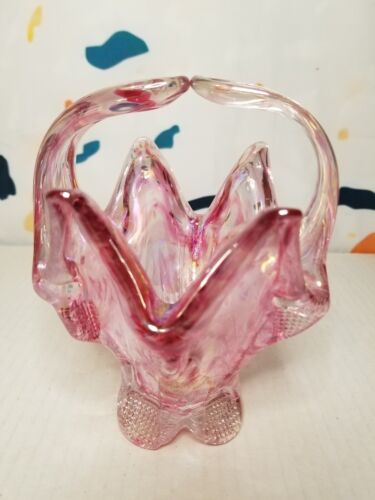 Vintage Swung Basket Vase Iridescent Pink Swirl Lily Flower Rossi Art Glass BX12
