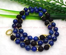 Genuine Natural 8mm Blue Lapis Lazuli Black Lava Round Gemstone Beads Necklace