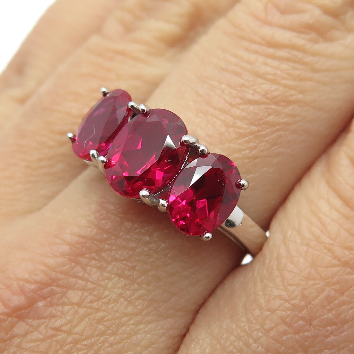 925 Sterling Silver Lab-Created Ruby 3-Stone Ring… - image 2