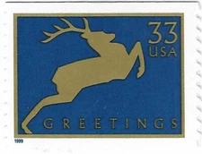 STAMP US SCOTT 3361 "Greetings Reindeer" 33 CENT MNH 1999 BLUE & GOLD