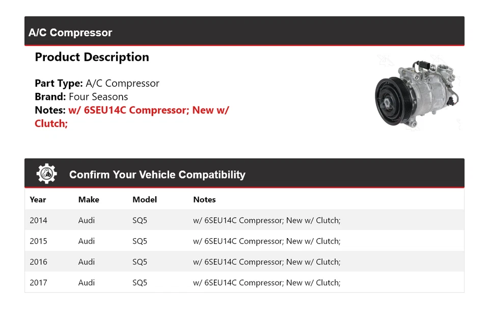 Compresor de aire acondicionado para Audi SQ5 2014-2017 4 estaciones 2015 2016 Foto 2 de 4