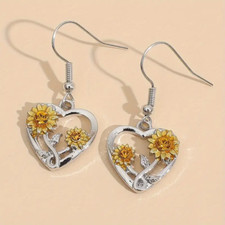Fashion Women Sunflower Heart Shape Dangle Earrings Yellow Silvery Gift Party