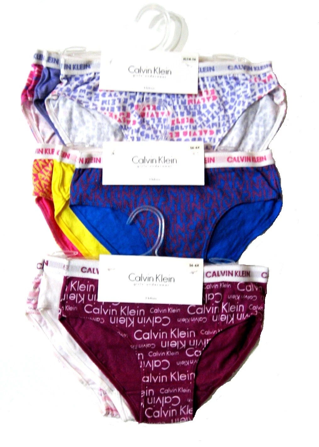 www.prominentresults.com :A415 Calvin Klein NEW Girl's Printed Logo Tagless Pure Cotton Knit Bikini 3-Pack