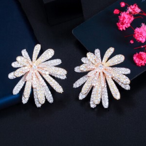 Authentic Multi-Tone Gold Plated Cubic Zircon Firework Flower Stud Earrings Bridal Jewelry