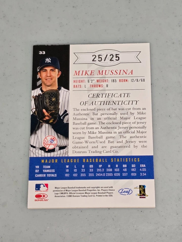 Mike Mussina Parche Bate New York Yankees 2003 Hoja Limitada TNT 25/25 Foto 2 de 2