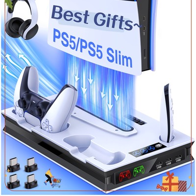 PS5 Slim Stand w/ Cooling & Dual Charger for Digital/Disc Edition Console