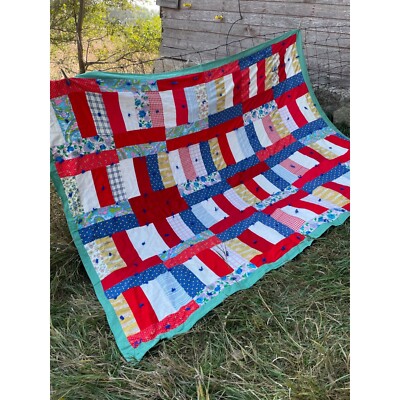 Vintage 1960s Patchwork Quilt Heavy Cotton Fabrics Colorful Hand