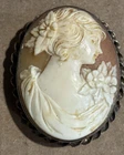 Vintage Cameo Brooch Cream Orange Lady Floral Oval Costume Jewelry