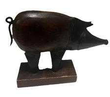 Vintage Rare Primitive Three Hands Corp. Wood And Metal PIG Figurine *UNIQUE*