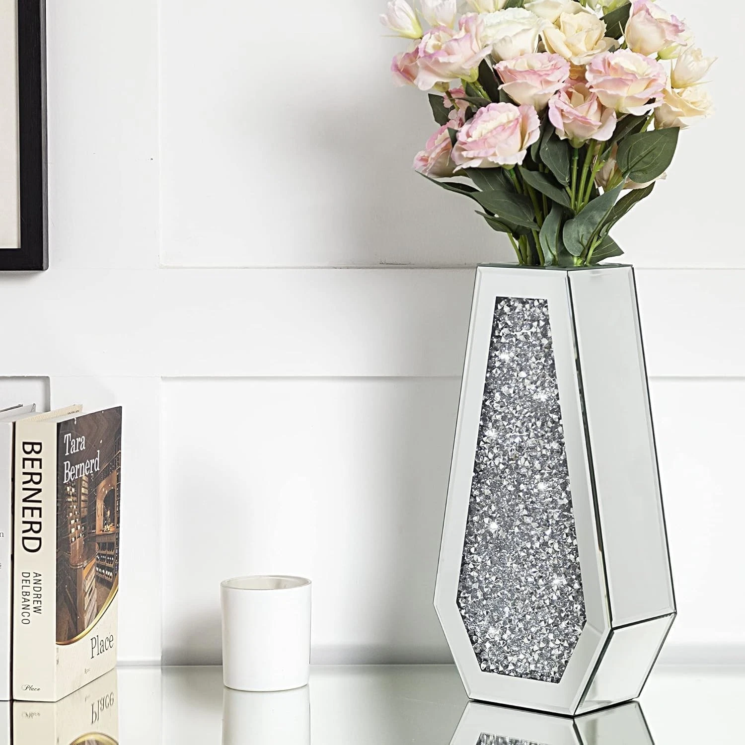 Silver Crushed Diamond Mirrored Flower Vase Crystal Ornament, Home, Office-H30cm
Opens in a new wind