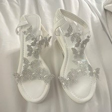 White Strappy Sandals Rhinestone Butterfly Pearl Slip On Synthetic EU 42 Women