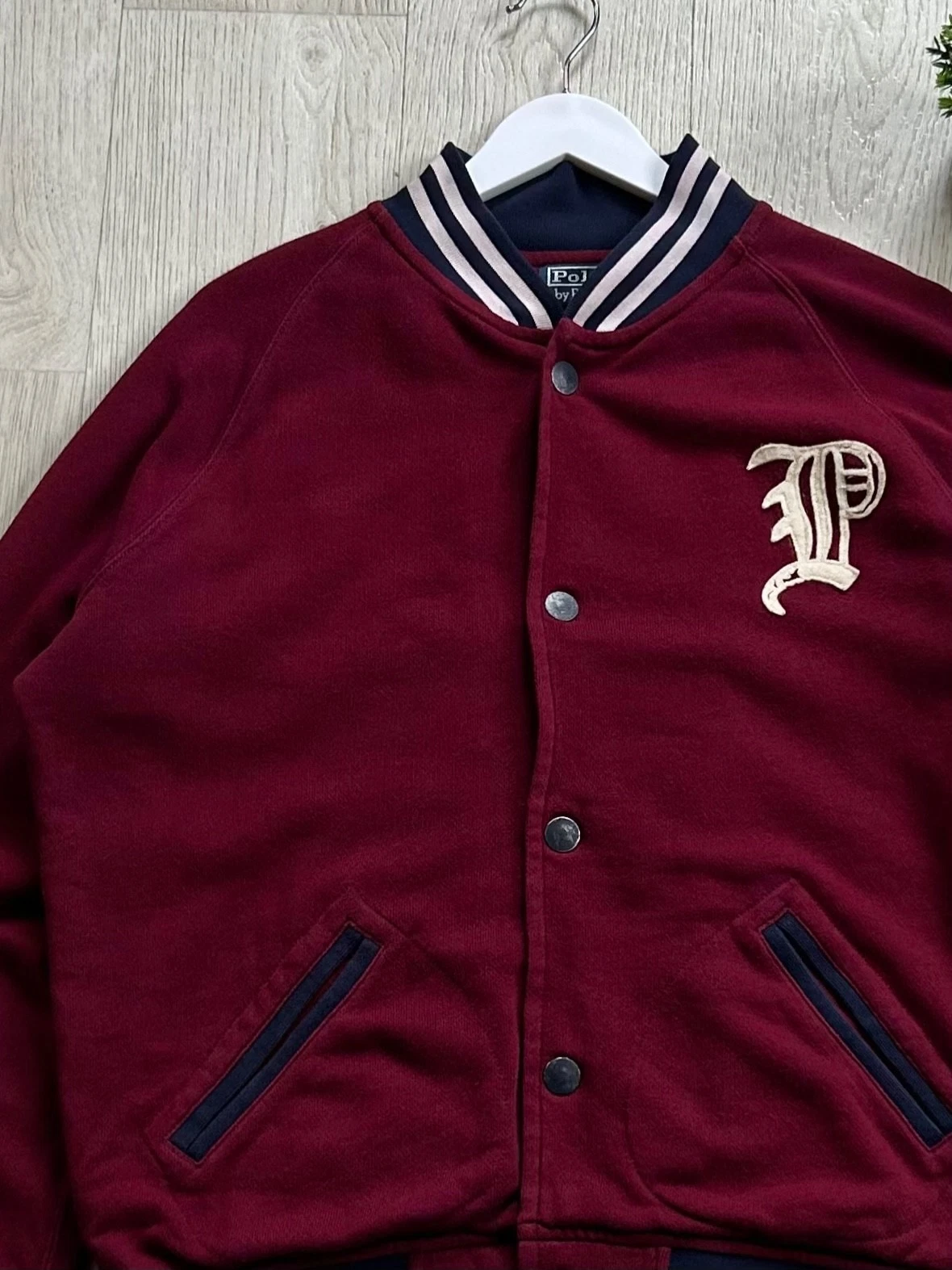 Vintage Polo Ralph Lauren Varsity Jacket Burgundy Snap Front Mens L Collegiate image 3