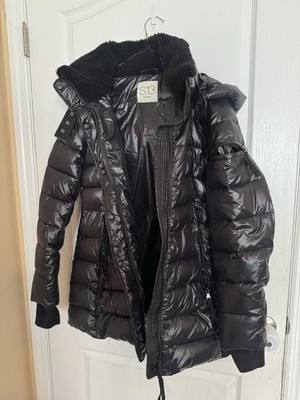 S13 Women's Greenwich Hooded Faux-Sherpa-Collar Puffer Coat, Jet Black, Large
