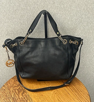 Michael Kors Black Pebbled Leather Shoulder Bag Gold Chain MK Charm Medium