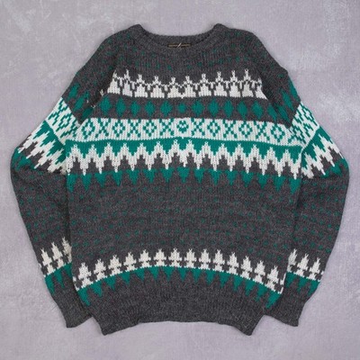 Vintage 90er gemusterter Strickpullover XL Acryl Damen grau Pullover