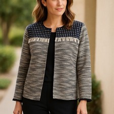 Chicos Sz 1 M Black Ivory Open Front Cardigan Jacket Fringed