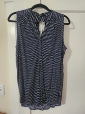 Fun 2 Fun Navy & White Sleeveless Polka Dot Blouse Sz L