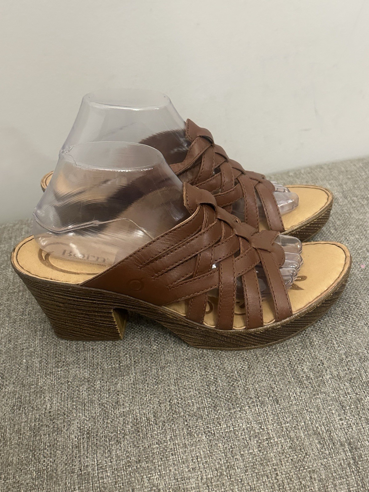Born leather camel wedge slide sandals with a woven strap Size 11