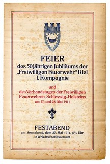 Kiel 1911 ausklappbarer Flyer Feier Freiwillige Feuerwehr 50. Jahre