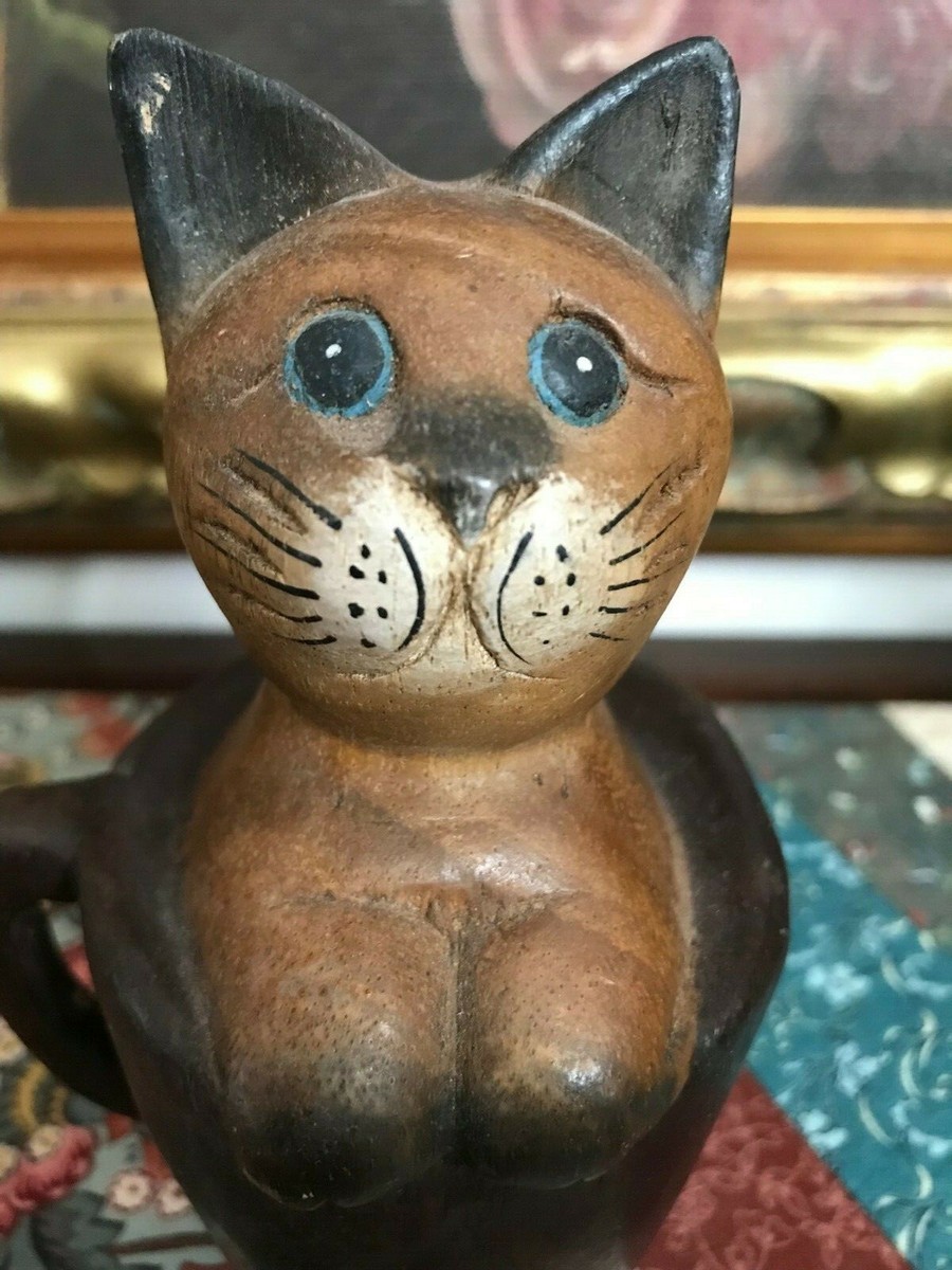 Wooden Handcrafted Thailand Cat in a Cup Statue 6 Inch Rare | eBay